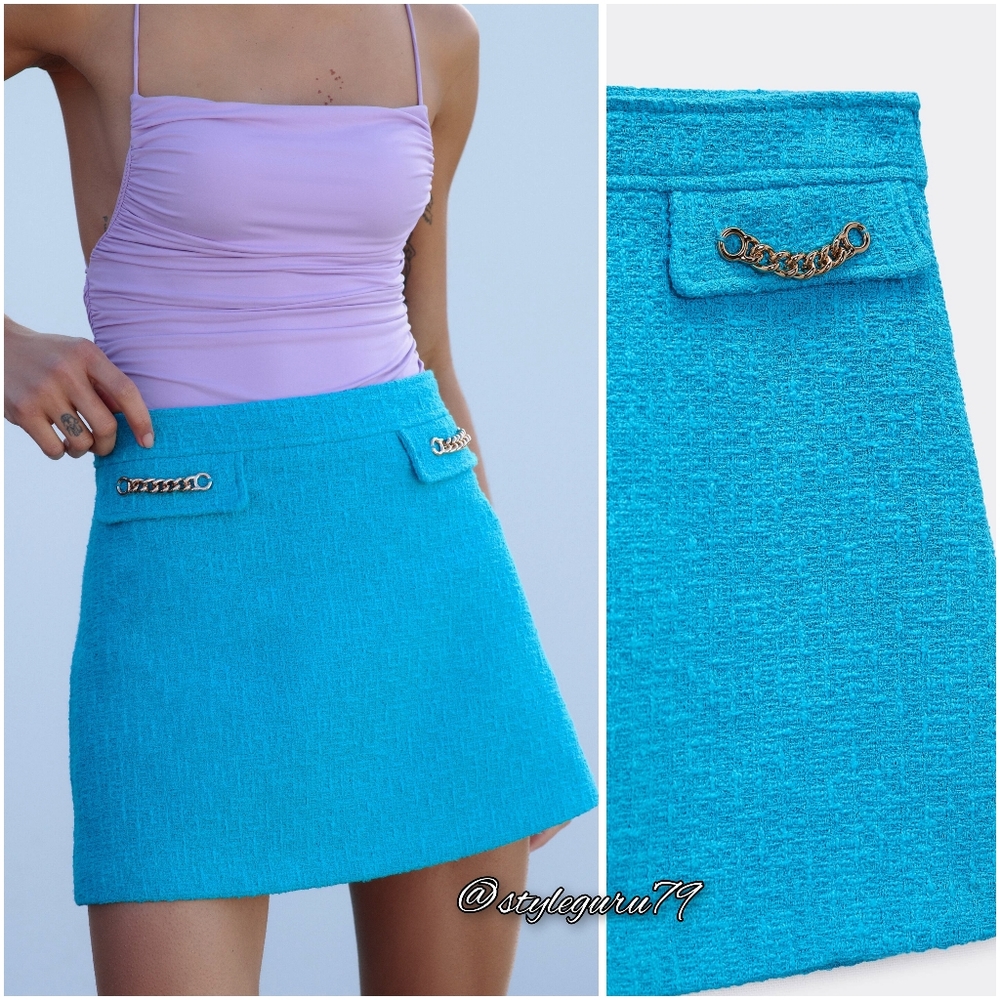 NWT, ZARA, Chain Embellished Blue Mini Skirt - Picture 4 of 4
